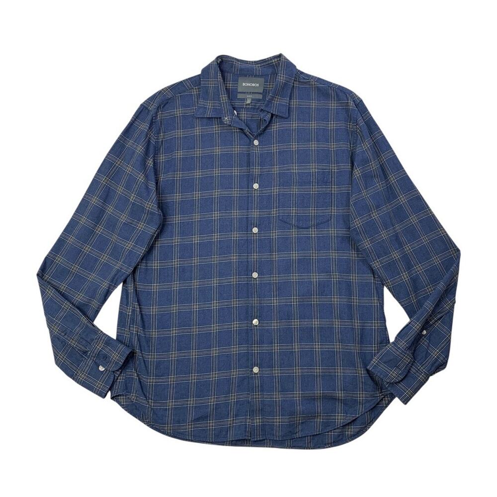 Bonobos Shirt Mens L Large Regatta Blue Cotton Slim Fit Plaid Button Up Pocket